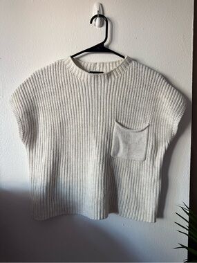 Miou Muse Ribbed Crewneck Short-Sleeve Sweater in Cream